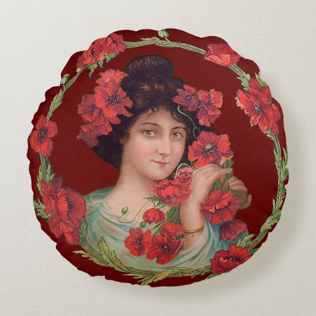 Victorian Gibson Girl Poppies Flowers Art Nouveau Round Pillow (Front)