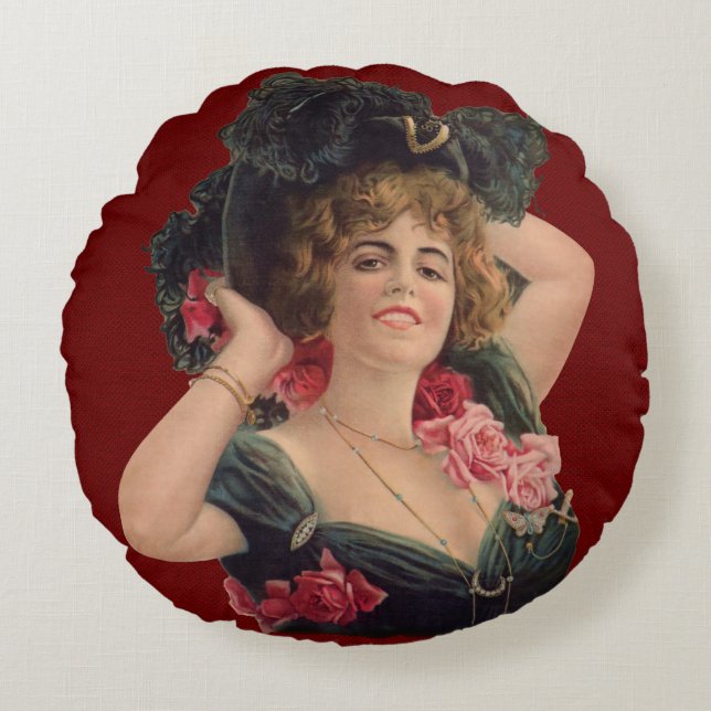 Victorian Gibson Girl Roses Flowers Art Nouveau Round Pillow (Front)