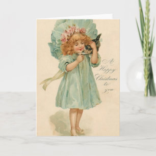 Victorian Girl And Kitten Christmas Greeting Card