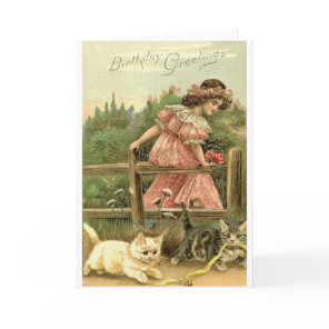 Victorian Girl And Kittens Birthday Card