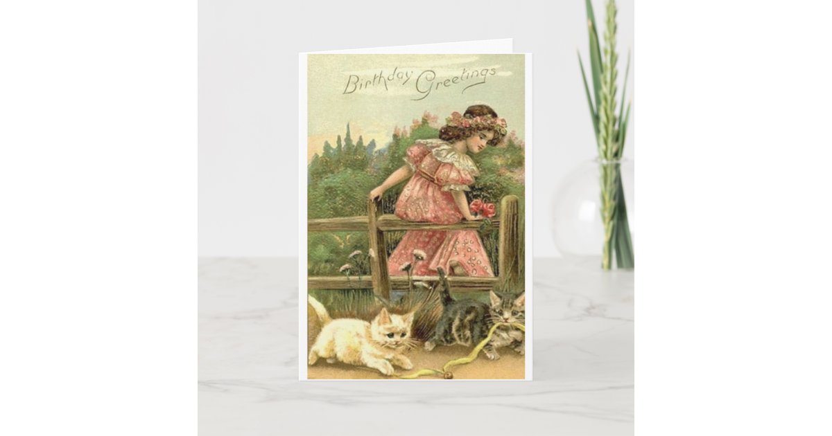 Victorian Girl And Kittens Birthday Card Zazzle