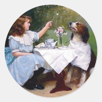 Victorian Girl And Pet Dog Table Manners Painting Classic Round Sticker by EDDESIGNS at Zazzle