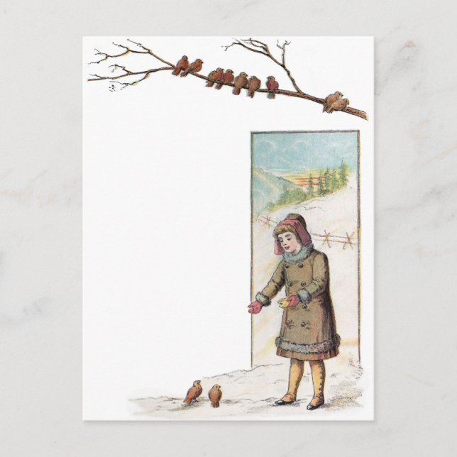 Victorian Girl Feeding Birds in Snow Postcard (Front)
