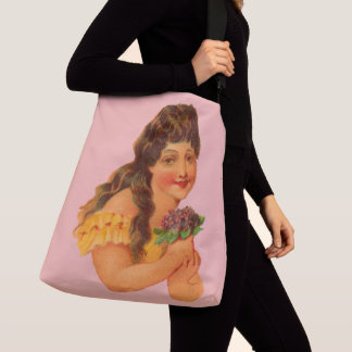 Victorian girl holding violets crossbody bag