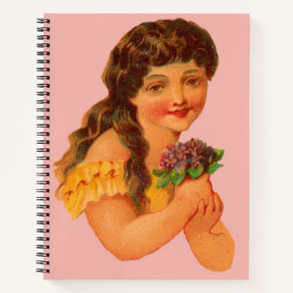Victorian girl holding violets notebook