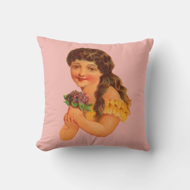 Victorian girl holding violets throw pillow (Front)