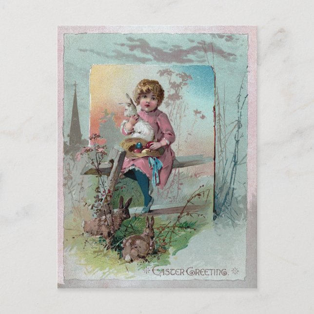 Victorian Girl on Fence With Easter Rabbits Holiday Postcard (Front)