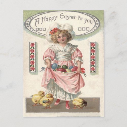 Victorian Girl Painted Colored Easter Egg Rose Holiday Postcard