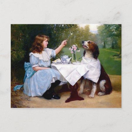 Victorian Girl Pet Dog Table Manners Painting Postcard