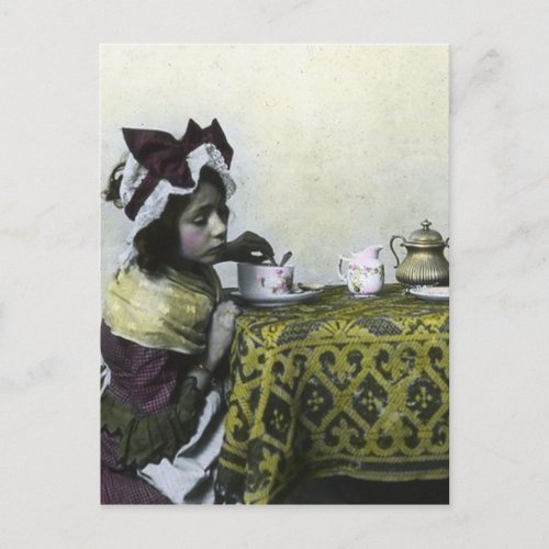 Victorian Girl Tea Time Vintage Magic Lantern Postcard