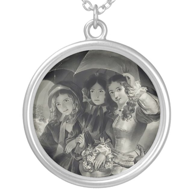 Victorian girl umbrella rain black white whimsical silver plated necklace (Front)