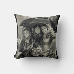Victorian girl umbrella rainy day spring black whi throw pillow