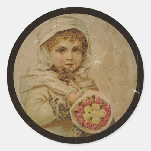 Victorian Girl with Christmas Roses Classic Round Sticker