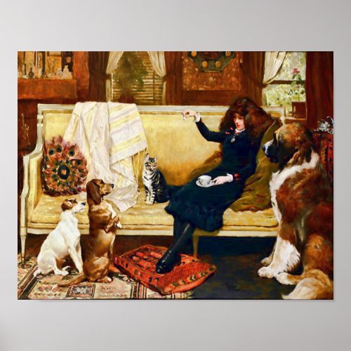 Victorian Girl with Pets Poster