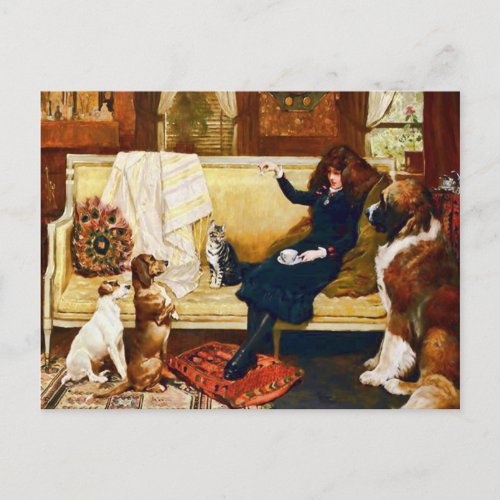 Victorian Girl with Pets Vintage Art Postcard