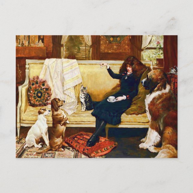 Victorian Girl with Pets Vintage Art Postcard (Front)