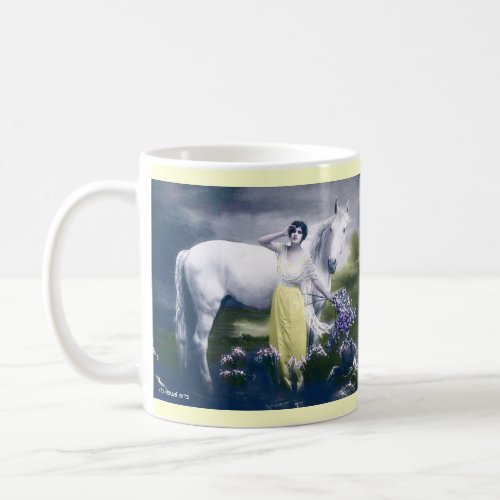victorian girl with white horse coffee mug
