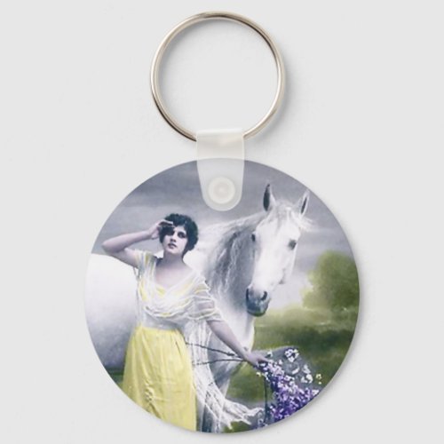 victorian girl with white horse keychain