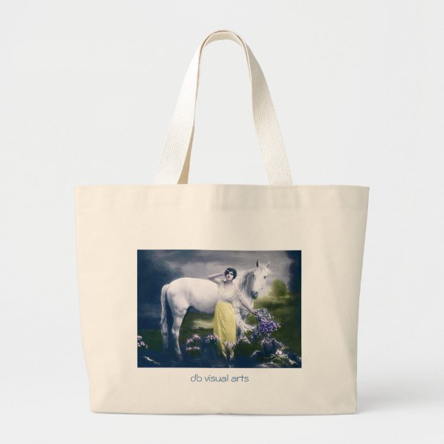 victorian girl with white horse large tote bag (Front)