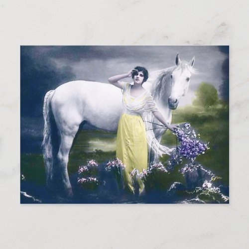 victorian girl with white horse postcard