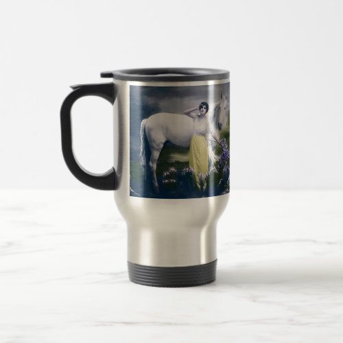 victorian girl with white horse travel mug