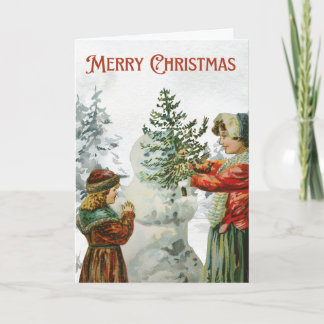Victorian Girls Building a Snowman  Card