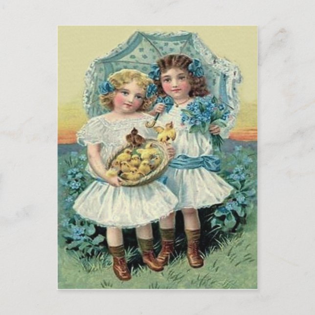 Victorian Girls Easter Chick Forget Me Not Umbrell Holiday Postcard (Front)