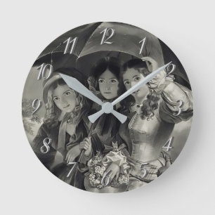 Victorian girls umbrella rainy day black and white round clock