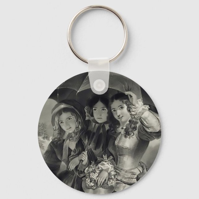 Victorian girls umbrella rainy day black white keychain (Front)