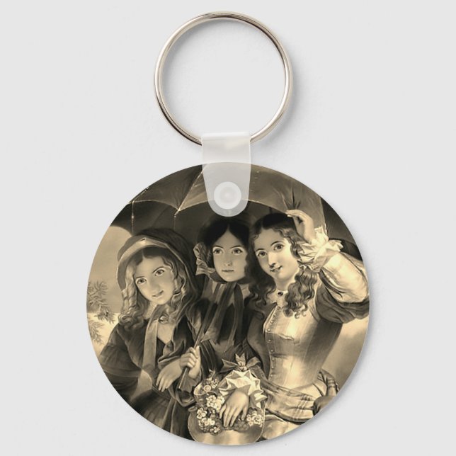 Victorian girls umbrella rainy day sepia gold keychain (Front)
