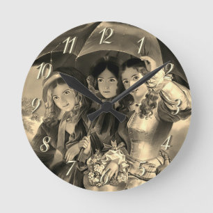Victorian girls umbrella rainy day sepia gold round clock