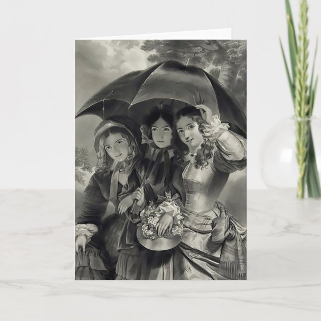 Victorian girls umbrella rainy day spring  card (Front)