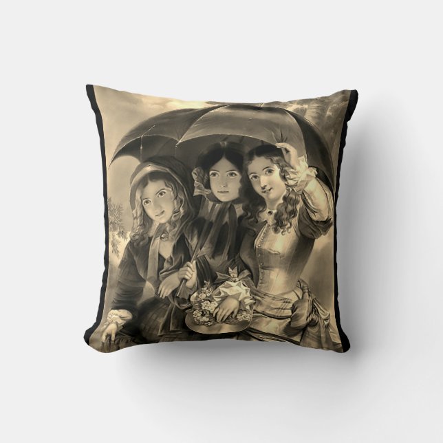 Victorian girls umbrella rainy day victorian lady throw pillow (Front)