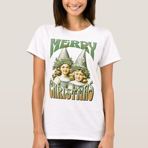 Victorian girls with tree hats Merry Christmas  T_Shirt