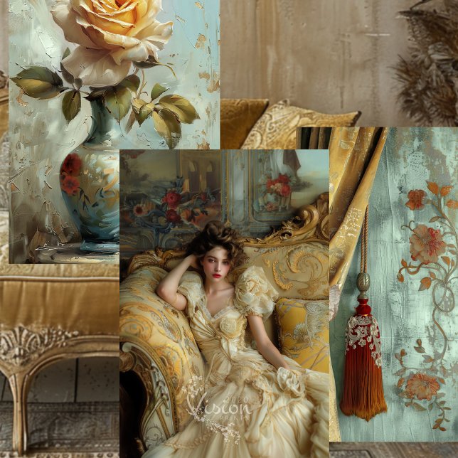 Victorian Glam Rose Drape Portrait Gold Teal Set Wrapping Paper Sheets (Victorian Glam collection mood board roses lady drape tassel gold furniture detail collage
)