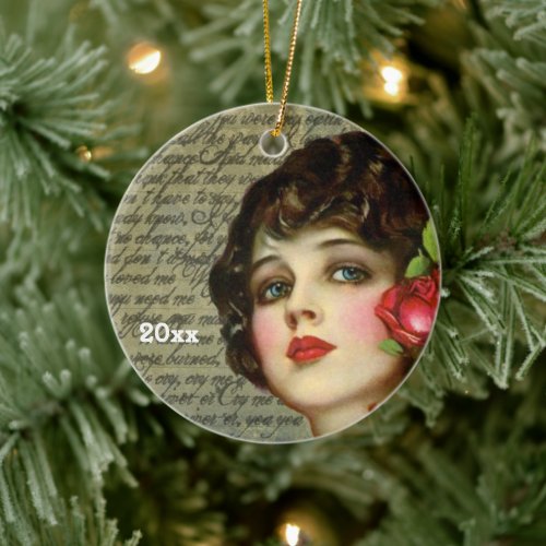 Victorian Glamour Girl w Red Rose Ceramic Ornament