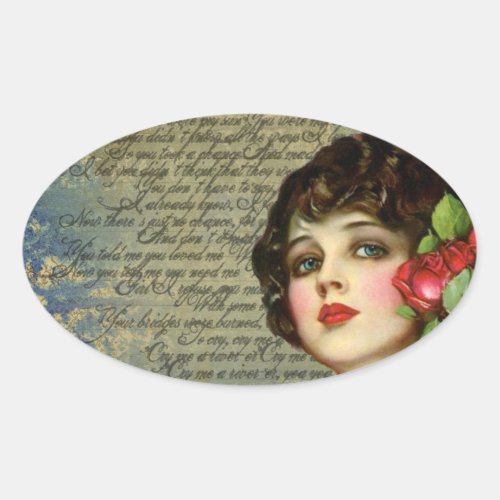 Victorian Glamour Girl w Red Rose Oval Sticker