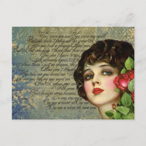 Victorian Glamour Girl w Red Rose Postcard