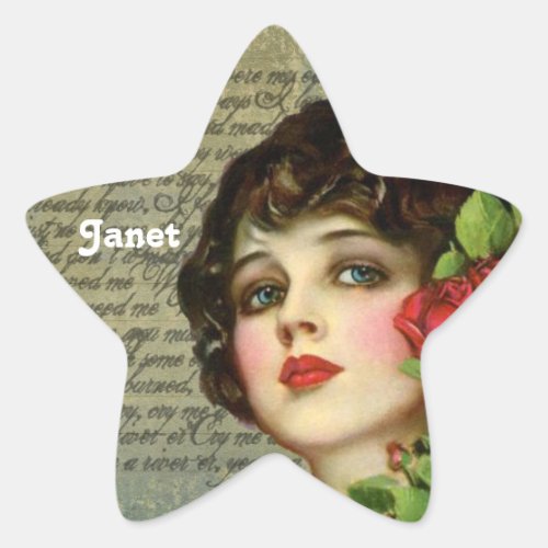 Victorian Glamour Girl w Red Rose Star Sticker