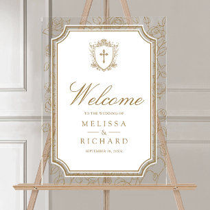 Victorian Gold Catholic Wedding Welcome Acrylic Sign