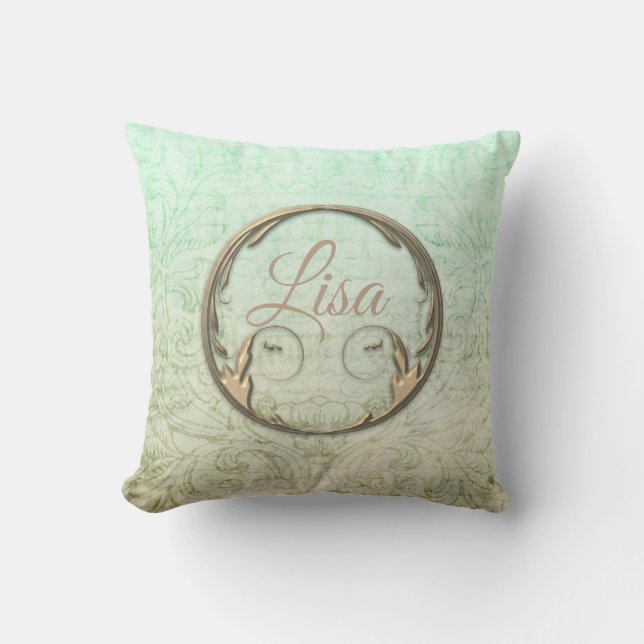 Victorian gold damask script mint green elegant throw pillow (Front)