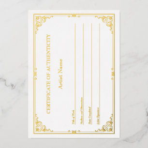 Victorian Gold Foil Certificate of Authenticity  Foil Invitation