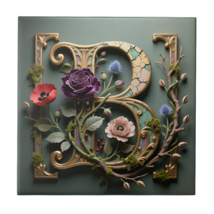 Victorian Gold Teal Letter B Monogram Ceramic Tile