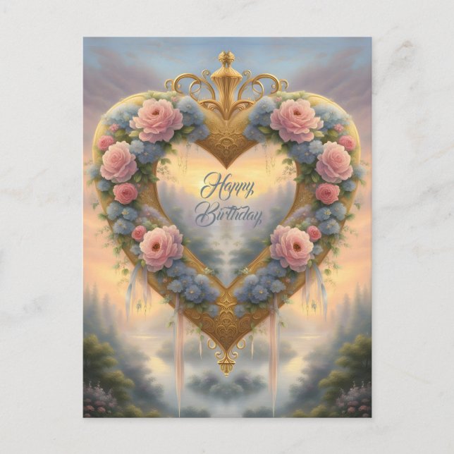 Victorian, golden heart with flowers and saying postcard (Front)