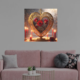 Victorian golden heart with red roses, vintage canvas print