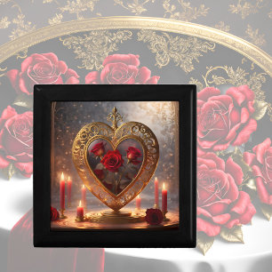 Victorian golden heart with red roses, vintage gift box