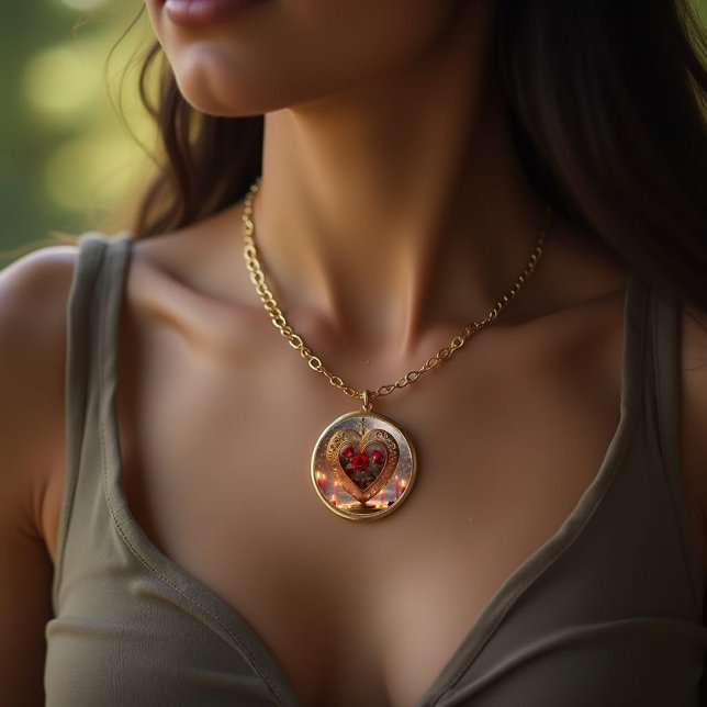Victorian golden heart with red roses, vintage gold plated necklace (Creator Uploaded)