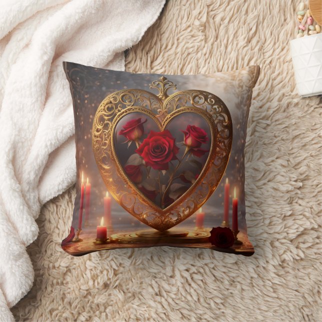 Victorian golden heart with red roses, vintage throw pillow (Blanket)