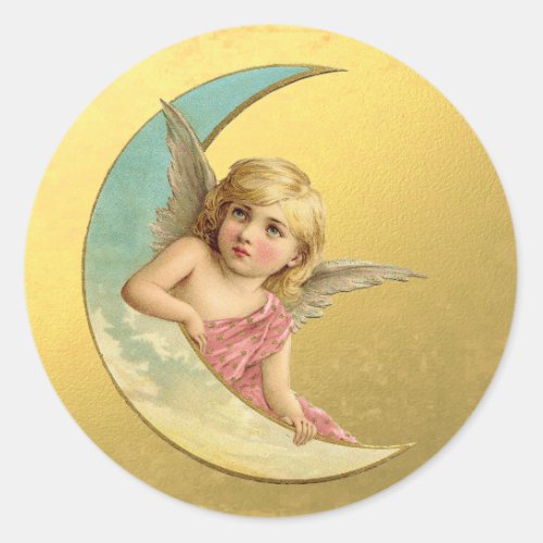 Victorian Golden Moon Angel Christmas Classic Round Sticker