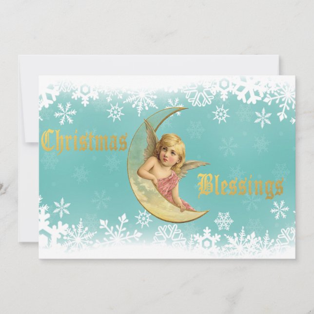 Victorian Golden Moon Angel Christmas Holiday Card (Front)
